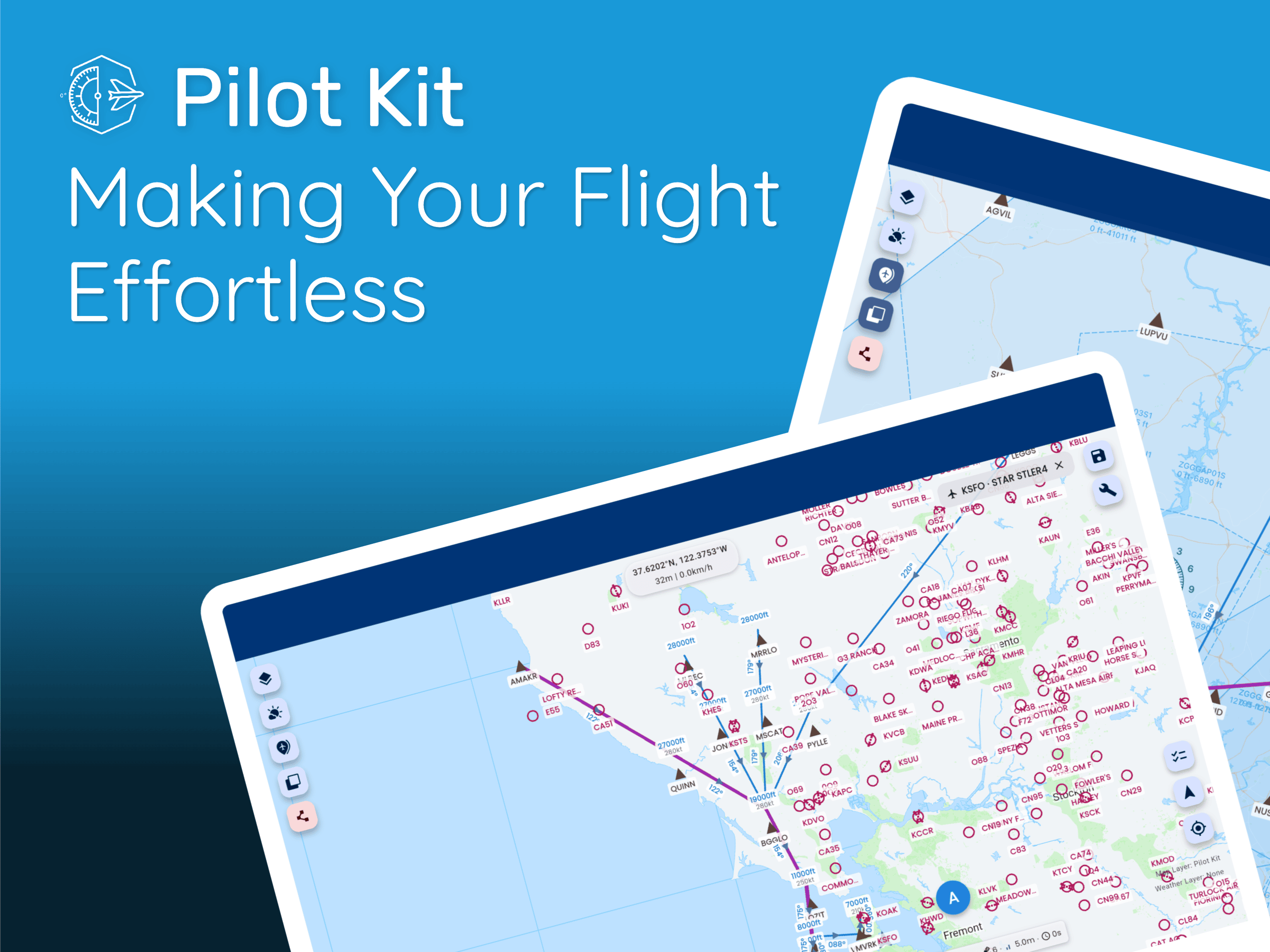 Pilot Kit Virtual PFD showing attitude indicator, airspeed, altitude, and heading instruments