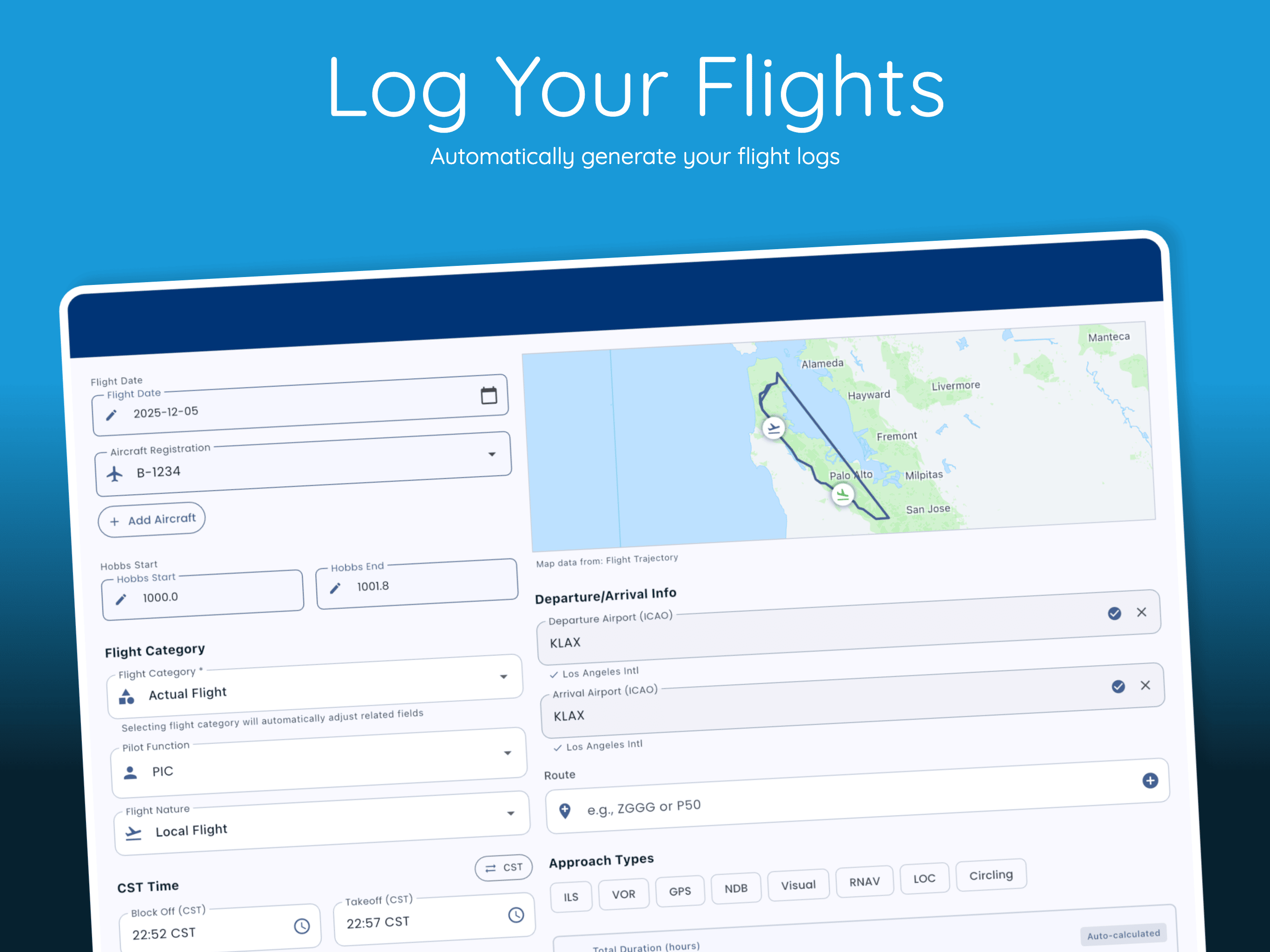 Pilot Kit Digital Logbook interface showing flight time tracking, currency management, and statistics