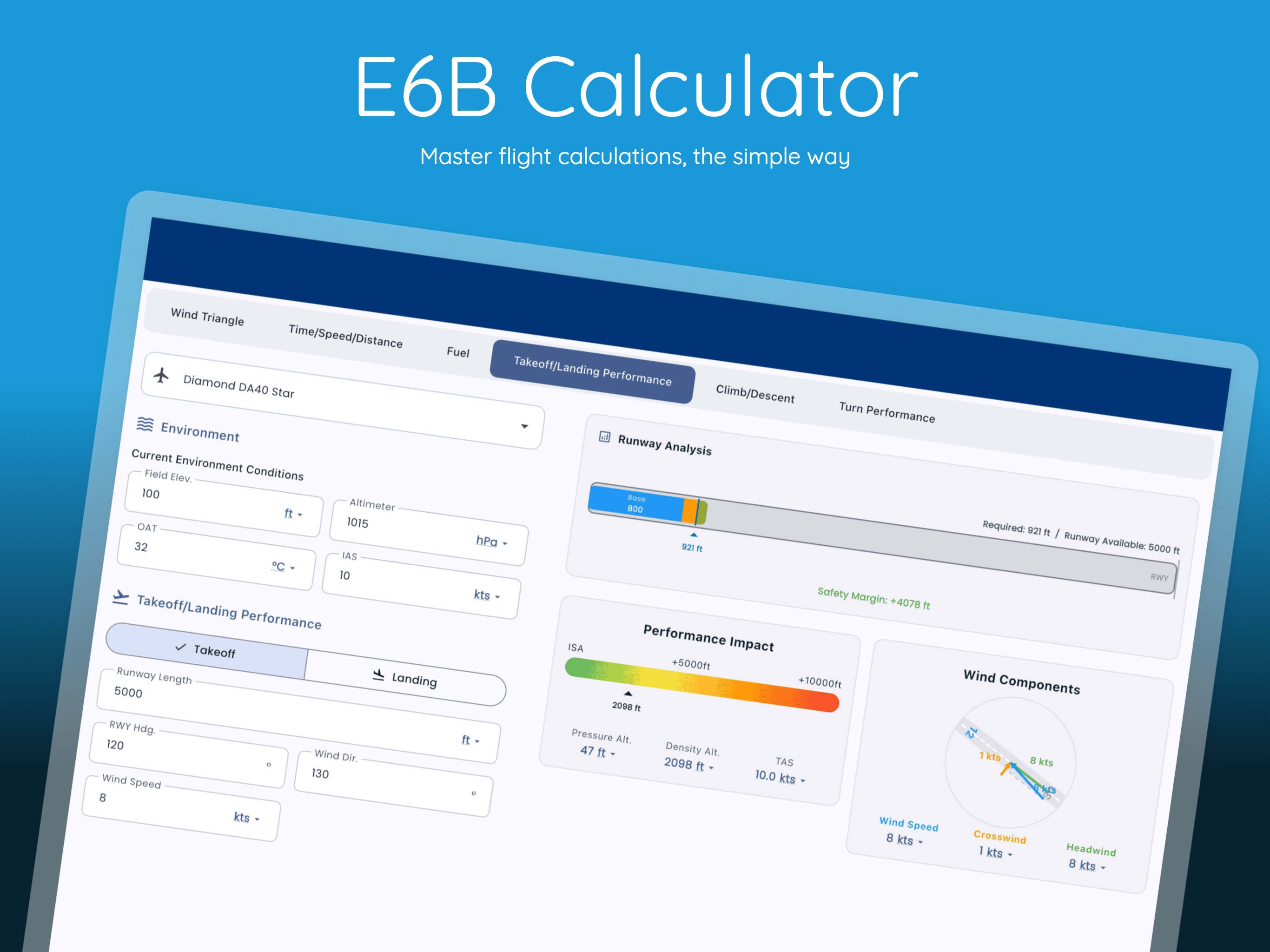 Pilot Kit E6B Flight Calculator interface showing fuel calculation, wind correction, and density altitude features