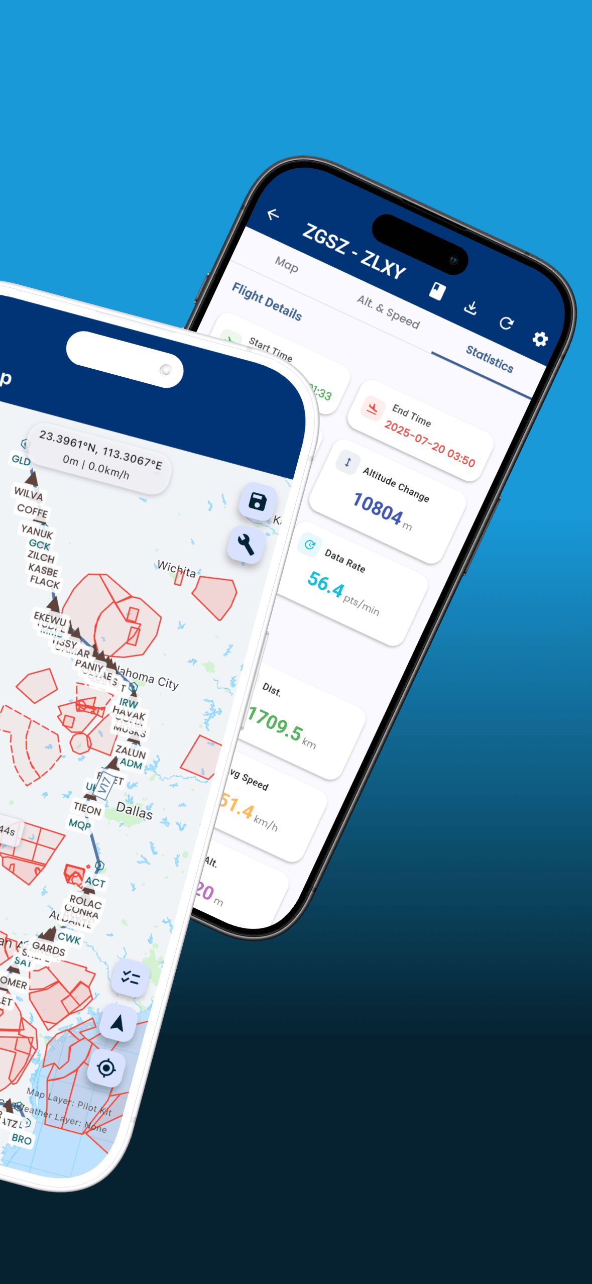 Pilot Kit iPhone screenshot showing flight details and a route map